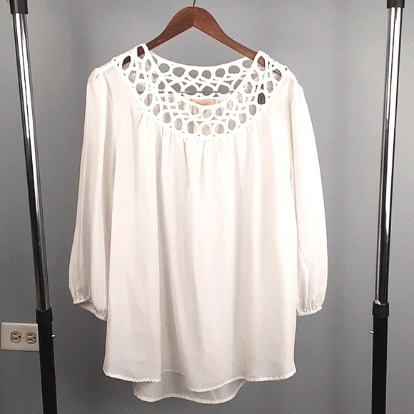 Gibson Latimer Tops - Gibson Latimer Lace Cut Out Balloon Sleeve Loose Fit Top